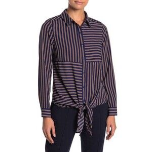 DR2 By Daniel Rainn Long Sleeve Tie Front Blouse Navy/Brown Stripe Size Petite S